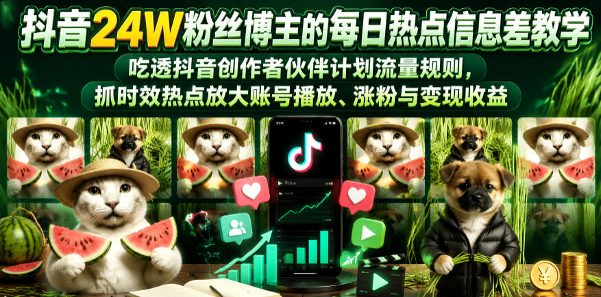抖音24W粉丝博主的每日热点信息差教学,吃透创作者伙伴计划流量规则,抓时效热点放大账号播放、涨粉与变现收益(更新)-神游资源网